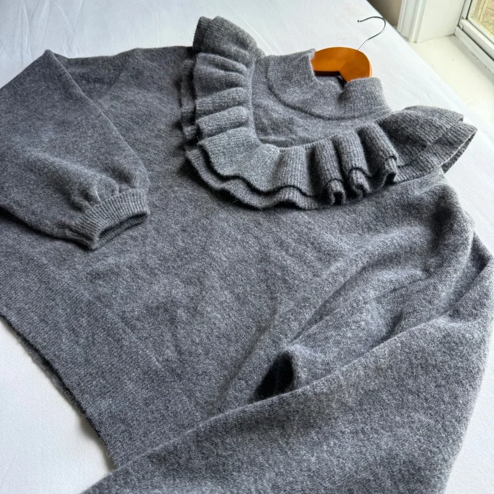 Free People Gray Wool Alpaca Blend Ruffle Mock Neck Balloon Sleeve Sweater S